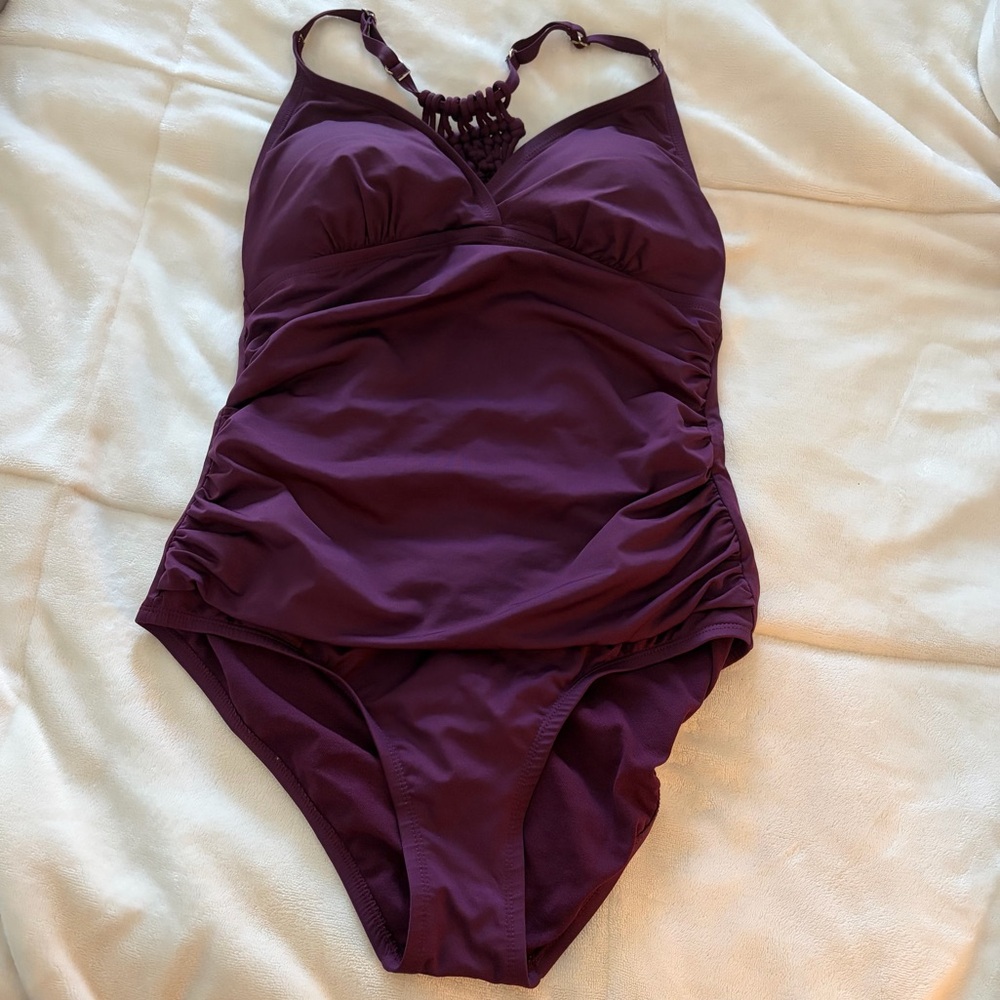 Plum One-Piece Swimsuit with Macrame Braided Neck Detail Ruching Flattering